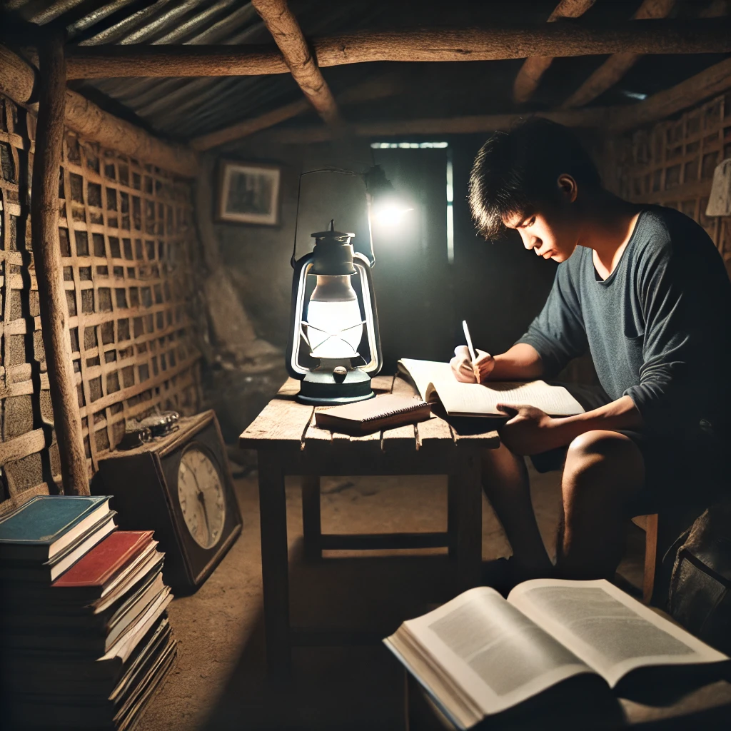 A young man studying under a dim light in a rural house, surrounded by books and notes, symbolizing determination and humble beginnings.